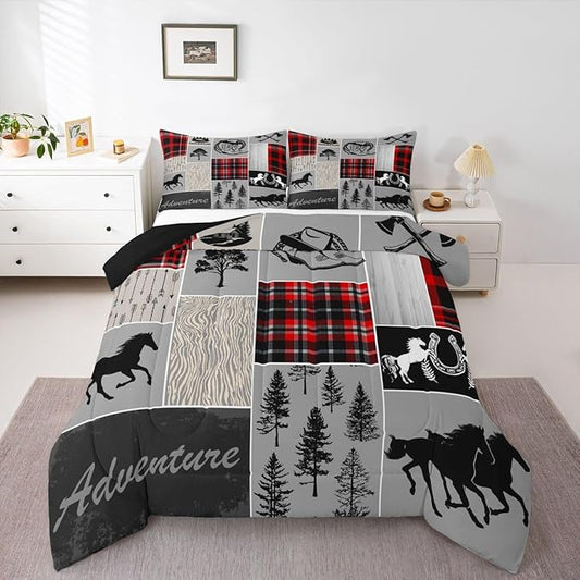 Erosebridal Horse Duvet Insert for Boys, Western Cowboy Comforter Set Horseshoe Riding Boots Bedding Set Vintage Adventure Decor Rustic Farmhouse Cabin Lodge Quilt Queen, with 2 Pillow Cases,Red Grey