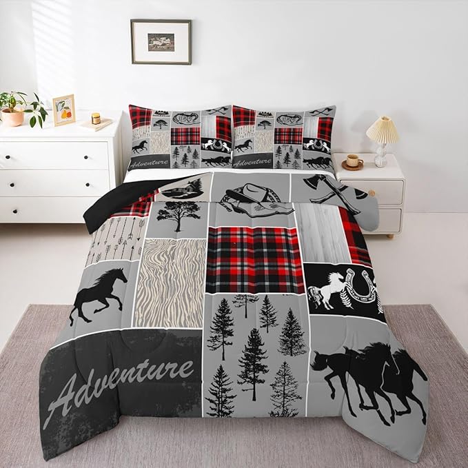 Erosebridal Horse Duvet Insert for Boys, Western Cowboy Comforter Set Horseshoe Riding Boots Bedding Set Vintage Adventure Decor Rustic Farmhouse Cabin Lodge Quilt Twin, with 1 Pillow Case,Red Grey