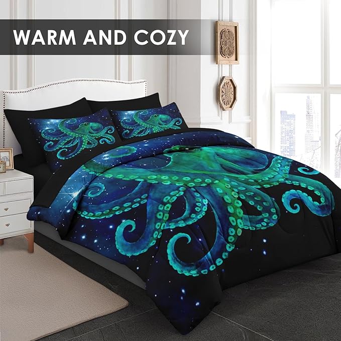 Comforter Set King Size, Blue Octopus Sea 7 Pcs Bedding for Kids and Adults, Space Colorful Star Bed Sheet Sets with Fitted Sheet 2 Pillowcases & 2 Shams for Bedroom Bed Decor