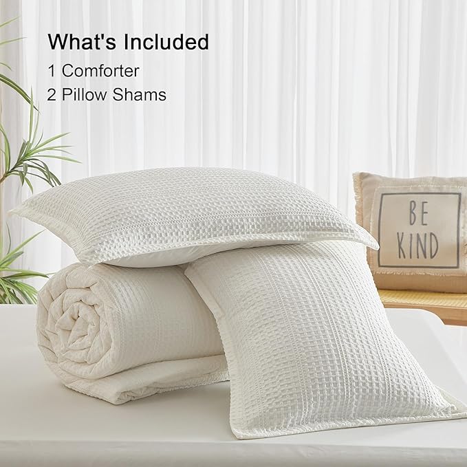 PHF 3 Pieces Cream Waffle Weave Comforter Set King Size - Ultra Soft Textured Waffle Comforter with 2 Pillow Shams, Lightweight Breathable Comfy Bedding Set for All Season, Cream
