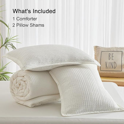 PHF 3 Pieces Cream Waffle Weave Comforter Set King Size - Ultra Soft Textured Waffle Comforter with 2 Pillow Shams, Lightweight Breathable Comfy Bedding Set for All Season, Cream