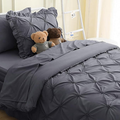 JOLLYVOGUE Dark Grey Bed in a Bag Comforter Set for Bedroom, Pintuck Twin Size Comforter Sets 5 Pieces, Beddding Sets with Comforter, Sheets,Ruffled Shams & Pillowcases