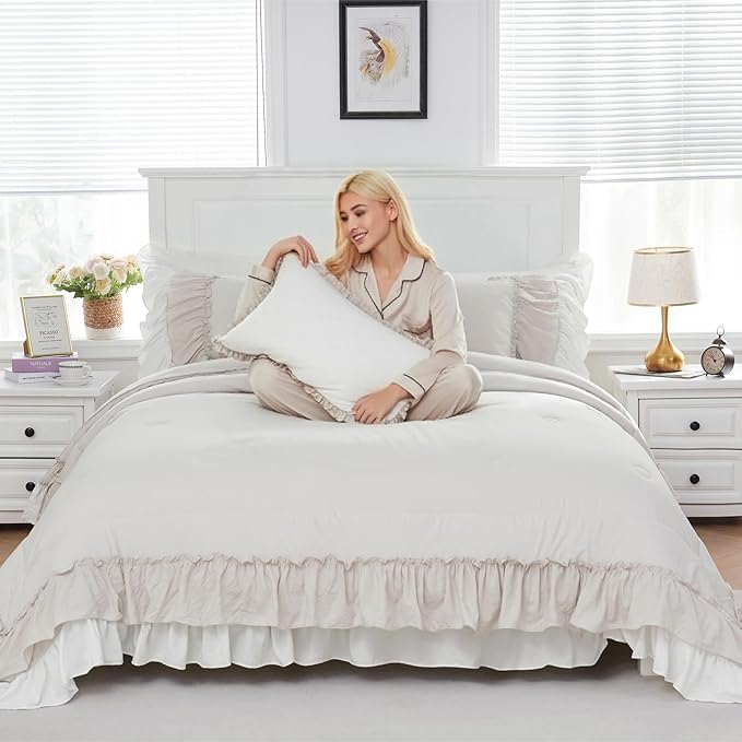 Boho Comfrter Set King Size Beige Bedding Set Shabby Chic Down Comforter 2 Layers Ruffles Home Decor Farmhouse Quilt Set Ultra Soft Microfiber White Cream Bohemian Bed Set for Girls Women