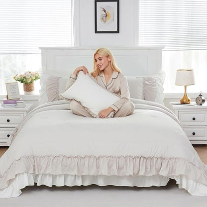 Boho Comfrter Set King Size Beige Bedding Set Shabby Chic Down Comforter 2 Layers Ruffles Home Decor Farmhouse Quilt Set Ultra Soft Microfiber White Cream Bohemian Bed Set for Girls Women