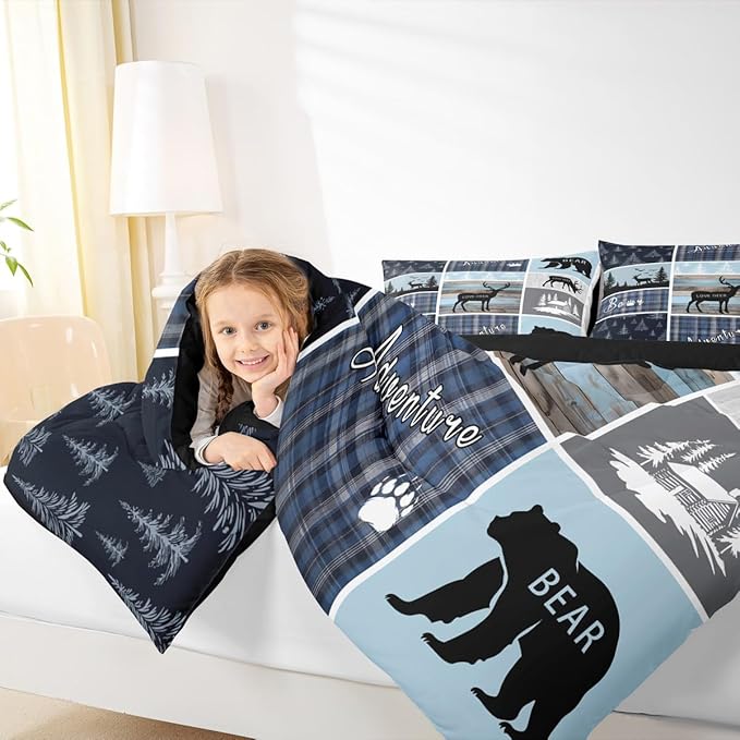 Cabin Rustic Bedding, Full Bear Deer Woodland Animals Comforter Set For Kids Boys Teens Adult, Wildlife Hunting Lodge Quilt Blue Patchwork Plaid Duvet Insert Vintage Country Farmhouse Down Comforter