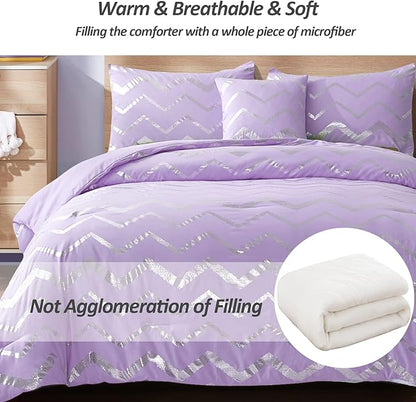 Menghomeus Purple/Silver Comforter Set Twin Lavender Metallic Print Glitter Bed Comforter Cute Shinny Bedding for Teen Girls Kids Women, 3 Piece (1 Pillowcase, 1 Decorative Pillow Sham)