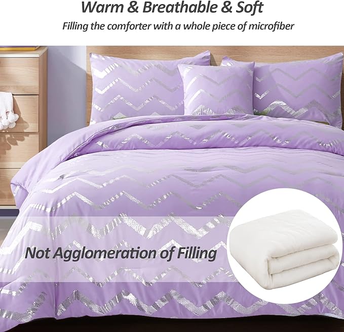 Menghomeus Purple/Silver Comforter Set Queen Size Lavender Metallic Print Glitter Bed Comforter Cute Shinny Bedding for Teen Girls Kids, 4 Piece (2 Pillowcases, 1 Decorative Pillow Sham)