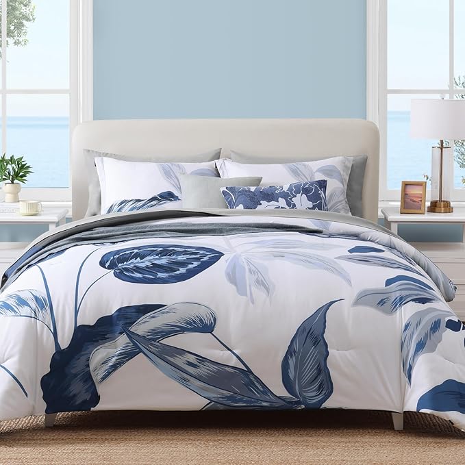 WRENSONGE Queen Comforter Set- 7 Pieces Blue Tropical Leaves Soft Bedding Sets, Coastal Bed in a Bag, Botanical Printed Comforter with Sheets for All Season