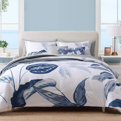 WRENSONGE Queen Comforter Set- 7 Pieces Blue Tropical Leaves Soft Bedding Sets, Coastal Bed in a Bag, Botanical Printed Comforter with Sheets for All Season
