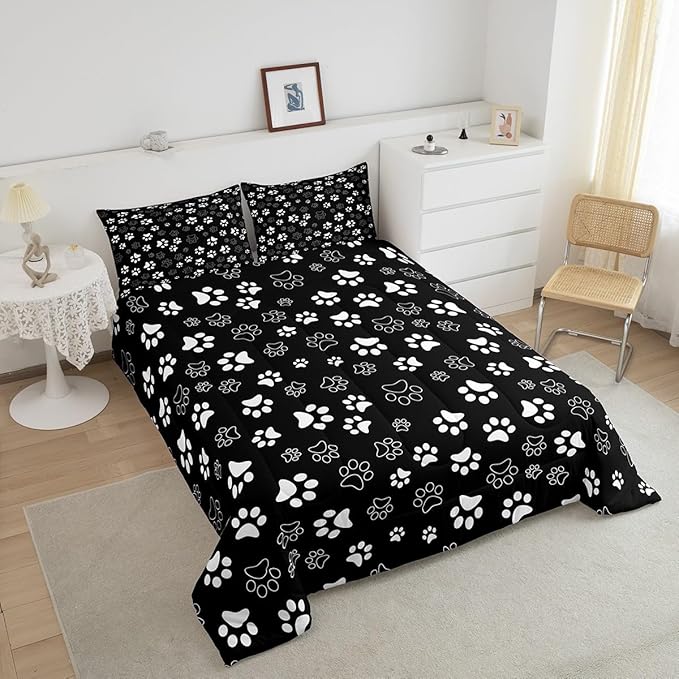 Manfei Dog Paw Print Comforter Set Queen Size, Black and White Animal Footprint Bedding Set for Kids Boys Girls Room Decor, Animal Theme Down Comforter, Soft Polyester Quilt Set,2 Pillowcases