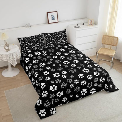 Manfei Dog Paw Print Comforter Set King Size, Black and White Animal Footprint Bedding Set for Kids Boys Girls Room Decor, Animal Theme Down Comforter, Soft Polyester Quilt Set,2 Pillowcases