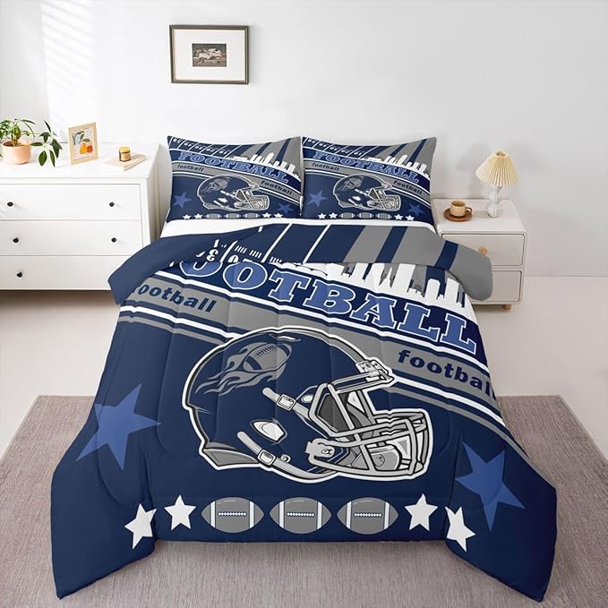 Feelyou Football Bedding Set Boys Girls King Size Rugby Sports Comforter Set Women Men Football City Duvet Quilt Gray Blue Blue Decor Breathable Soft Microfiber Lightweight