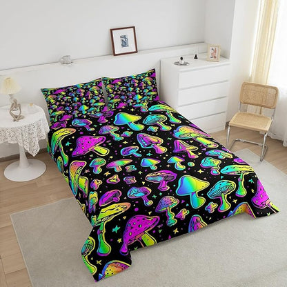 Erosebridal Mushroom Comforter Set Queen Cute Mushroom Comforter for Kids Girls Boys Cartoon Tie Dye Bedding Sets Teal Purple Neon Ombre Down Comforter Wild Colorful Botanical Quilt Set