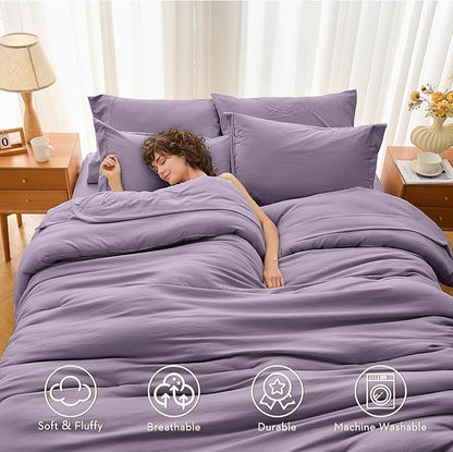 MUXHOMO 7 Pieces Queen Comforter Set, Soft Bed in a Bag Queen Size, All Season Bedding Set with Comforter, Flat Sheet, Fitted Sheet, Pillowcases & Shams, Greyish Purple