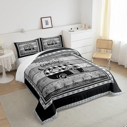 Feelyou Camper Comforter Set Queen Size Kids Happy Camping Comforter for Boys Teens Vinatge Buffalo Check Wood Grain Southwestern Bedding Set Black White Duvet Set Room Decor
