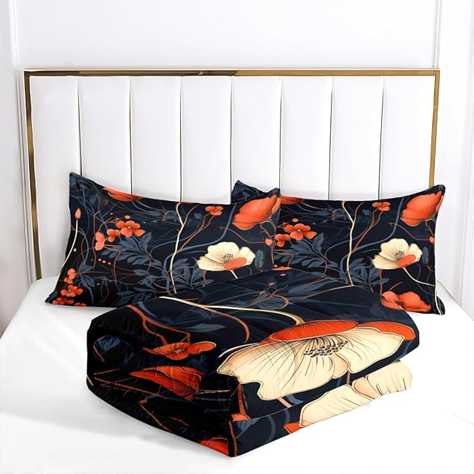 Black Floral Comforter Set Full Size, Gothic Botanical Bedding Set, 3 Pieces Leaf Plants Bedroom Decor with 2 Pillowcases/79 * 90