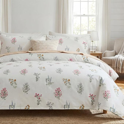 Floral Comforter Set King Size 100% Cotton Bedding Sets Garden Flowers Printed Breathable Soft Comforter 3Pcs Reversible Botanical Flowers Comforter