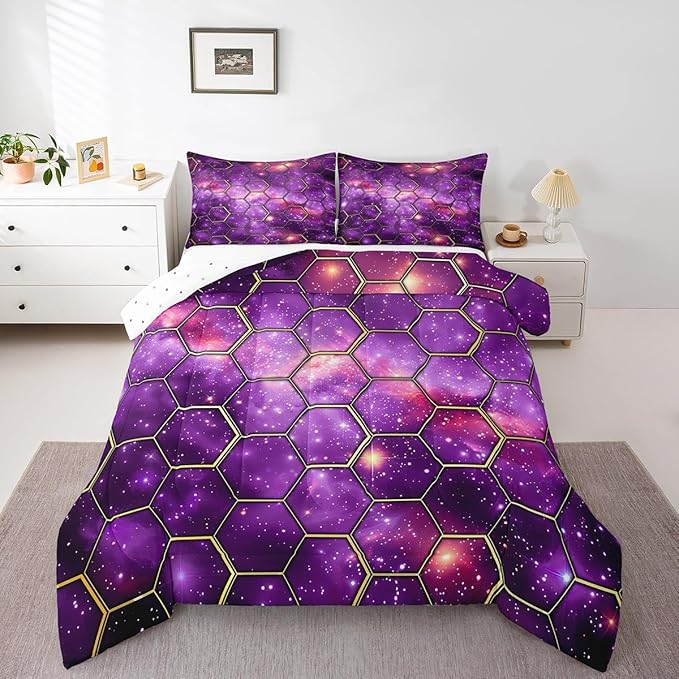 Manfei Purple Galaxy Comforter Set Toddler Size, Geometric Hexagon Print Bedding Set 2pcs, Starry Sky Honeycomb Space Down Comforter for All Season, Kids Boys Girls Room Decor, 1 Pillowcase