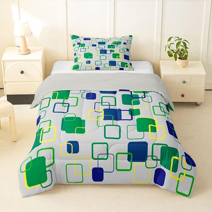 Erosebridal Green Geometric Comforter Set Twin Abstract Minimalist Square Bedding Set Modern Aesthetic Stripes Comforter for Kids Girls Boys Color Block Grid Quilt Duvet