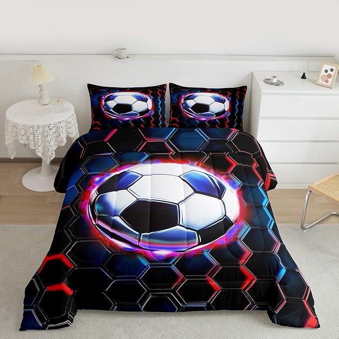 Manfei Football Kids Comforter Set Full Size,Soccer Game Ball Sports Bedding Set,Girls Boys Room Decor,Geometric Honeycomb Hexagon Quilt Comforter,Black Red Duvet Set Bedroom Quilt Set,2 Pillowcases