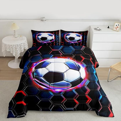 Football Kids Bedding Set Queen Size,Soccer Game Ball Sports Comforter Set，Geometric Honeycomb Hexagon Quilt Comforter,Black Red Bedroom Duvet Insert,2 Pillowcases