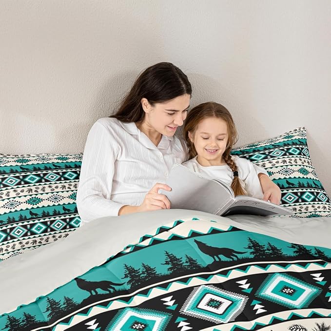 Manfei Aztec Geometric Kids Comforter Set Queen Size,Southwest Tribal Ethnic Bedding Set,Girls Boys Room Decor,Wolf Rustic Cabin Quilt Comforter,Beige Retro Duvet Set Bedroom Quilt Set,2 Pillowcases
