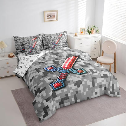 Castle Fairy Red Blue Sword 7 Piece Comforter Sets King Size,Geometric Grey Grid All Season Reversible Bed in a Bag Miner Theme Bedding Sets Pixel Video Games Flat Sheet,Fitted Sheet,Pillowcases