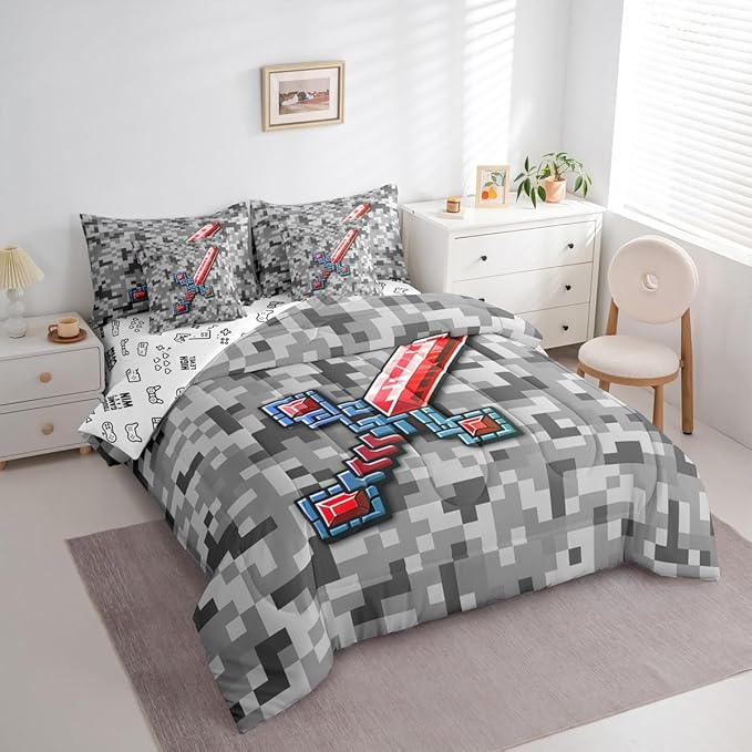 Castle Fairy Red Blue Sword 7 Piece Comforter Set Queen Size,Geometric Grey Grid All Season Reversible Bed in a Bag Miner Theme Bedding Sets Pixel Video Games Flat Sheet,Fitted Sheet,Pillowcases
