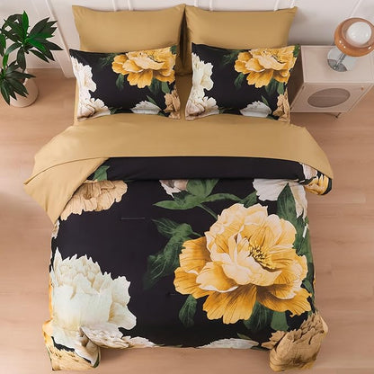 Dobuyly King Size Comforter Set 7 Piece Bed in a Bag, Yellow Brown Floral Printed on Black Comforter Set with Sheets, Soft Microfiber Botanical Boho Complete Bedding Set for All Season