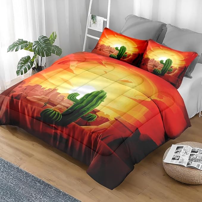 Comforter Set Full Size, Cactus Mountains Sun 3 Pcs Soft Bedding Set for Kids and Adults, Summer Sunset Plant Comforter Set with 2 Pillowcases, for Bedroom Bed Decor