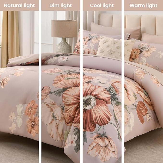 Queen Comforter Set - 7 Pieces Bed in a Bag Khaki Floral Queen Comforter Set with Sheets, Soft Microfiber Flower Complete Bedding Set for All Seasons（Khaki,90"x90"）