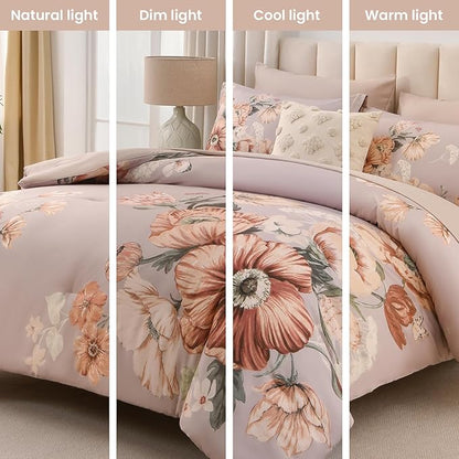 King Size Comforter Set - 7 Pieces Floral Comforter and Sheet Set, Khaki King Size Bed in a Bag, Soft Microfiber Flower Complete Bedding Set for All Seasons（Khaki,104"x90"）