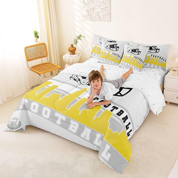 Erosebridal Football 7 Pcs Comforter Set Queen Football City Bedding Teens Grey Yellow Football Fans Sheet Set Bed in A Bag Rugby Game Room Decor Sports Ball Competition Quilt