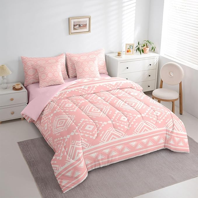 Erosebridal Pink Southwestern Bedding Set Full Exotic Tribal Aztec Comforter Set 7 Piece Western Geometric Bohemian Bed in A Bag for Kids Rustic Ethnic Nordic Style Quilt with Flat Fitted Sheet
