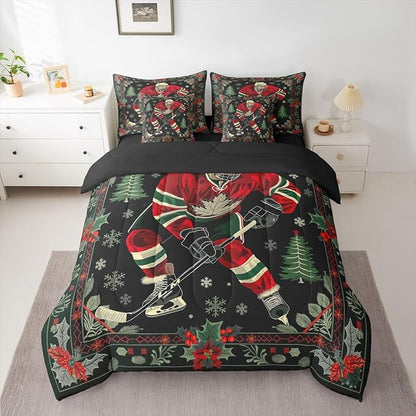Erosebridal Ice Hockey 7 Piece Comforter Set Twin | Christmas Theme Puck Player Bed in A Bag Athletic Competitive Games Sheet Set Reversible Winter Sports Fitted Sheet Breathable Lightweight