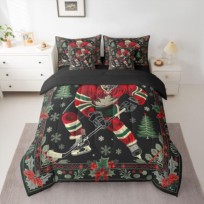 Erosebridal Ice Hockey 7 Piece Comforter Set King | Christmas Theme Puck Player Bed in A Bag Athletic Competitive Games Sheet Set Reversible Winter Sports Fitted Sheet Breathable Lightweight