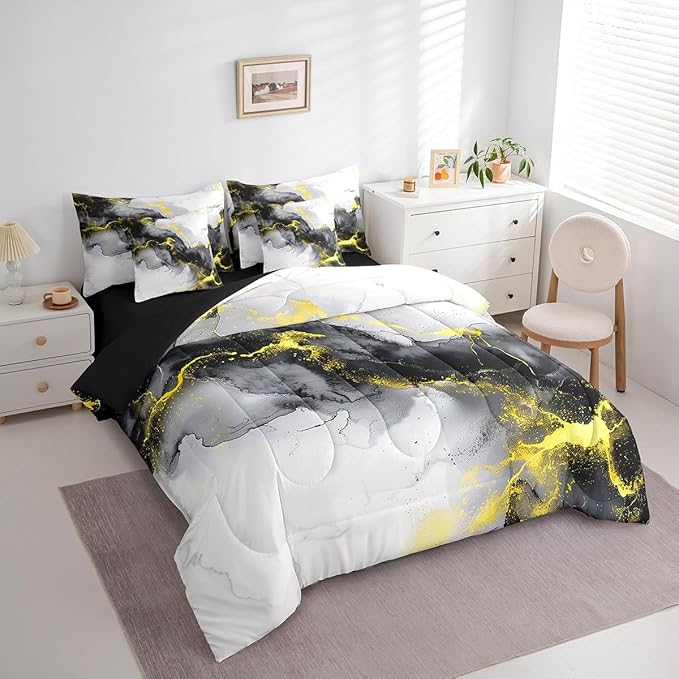 Erosebridal Yellow Black Marble Twin Comforter Set 7-Piece Watercolor Marbling Bedding Comforter Sets, Stone Pattern Bed in a Bag Modern Abstract Art Bedding Set, Retro Ink Painting Bed Sheets Set