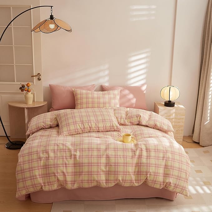 HighBuy Blush Pink Gingham Comforter Twin XL Size Fluffy Plaid Checkered Pattern Comforter with 2 Pillowcases for Teen Girls Geometric Grid Printed Gingham Bedding Comforter Set Luxury Soft