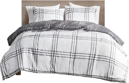 Intelligent Design Pike Reversible Comforter Set, Cottage Plaid Print, Modern Cabin Lifestyle, Down Alternative, All Season Bedding with Matching Sham, Twin/Twin XL White/Grey 2 Piece