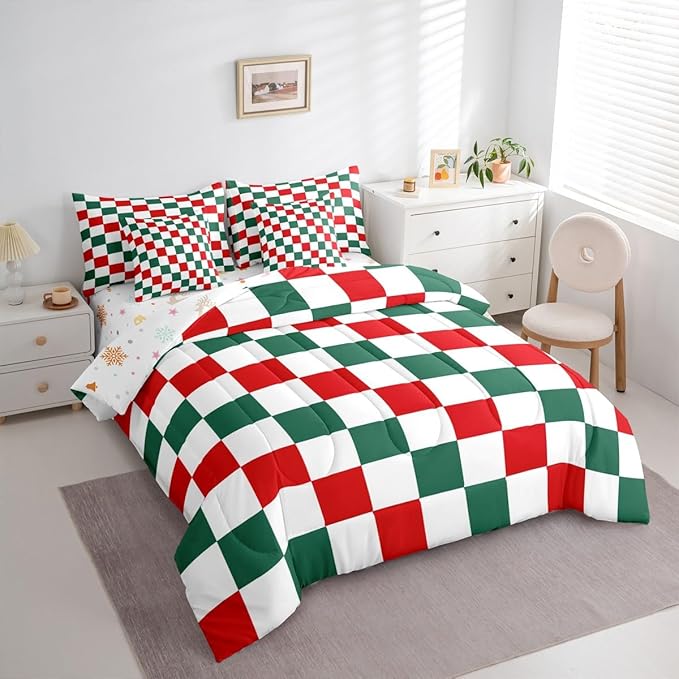 Feelyou Checkered Christmas Comforter Set with Sheets 7 Piece King Size Red Green Plaid Bedding Set for Kids Boys Girls Geometric Vintage Bed in a Bag Modern Simple Groovy Aesthetic Room Decor Soft