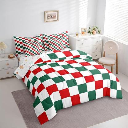 Feelyou Checkered Christmas Comforter Set with Sheets 7 Piece King Size Red Green Plaid Bedding Set for Kids Boys Girls Geometric Vintage Bed in a Bag Modern Simple Groovy Aesthetic Room Decor Soft