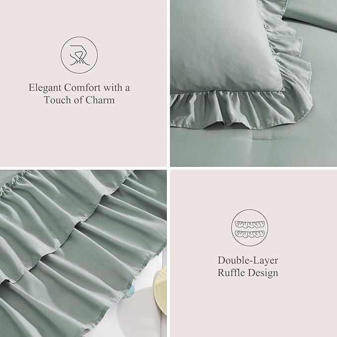 King Size Comforter Set Sage Green, Ruffle Shabby Chic Bedding Set Farmhouse 7 Pieces, All Season Fluffy Bed in a Bag with Sheets, Pillowcases & Shams