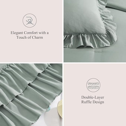 King Size Comforter Set Sage Green, Ruffle Shabby Chic Bedding Set Farmhouse 7 Pieces, All Season Fluffy Bed in a Bag with Sheets, Pillowcases & Shams