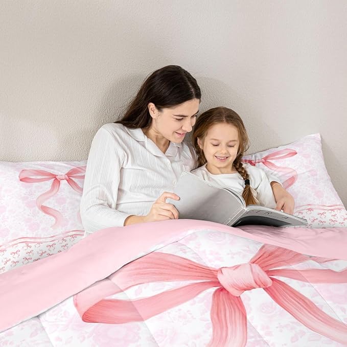 Feelyou Pink Bow Comforter Set All Season Floral Flower Bedding Set with 2 Pillow Cases Cute Bowknot Microfiber Kids Queen Bedclothes Romantic Bedroom Decor Duvet Quilt Breathable Soft Lightweight