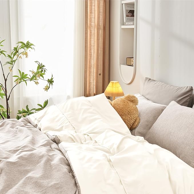 DECMAY Twin Comforter Set with Sheets, 5 Pieces Twin Comforter Set, Cationic Dyeing Bed in a Bag Bedding Set with Comforter, Flat Sheet, Fitted Sheet, Pillowcase and Pillow Sham (Twin, Gream) | twin comforter set, twin bedding set, twin bed in a bag