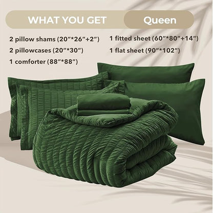 HYMOKEGE Dark Green Queen Comforter Set Seersucker 7 Pieces, All Season Luxury Bed in a Bag for Bedroom, Bedding Set with Comforters, Sheets, Pillowcases & Shams