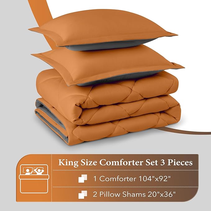 downluxe King Size Comforter Set - Burnt Orange and Grey King Comforter, Soft Bedding Sets for All Seasons -3 Pieces - 1 Comforter (104"x92") and 2 Pillow Shams(20"x36")