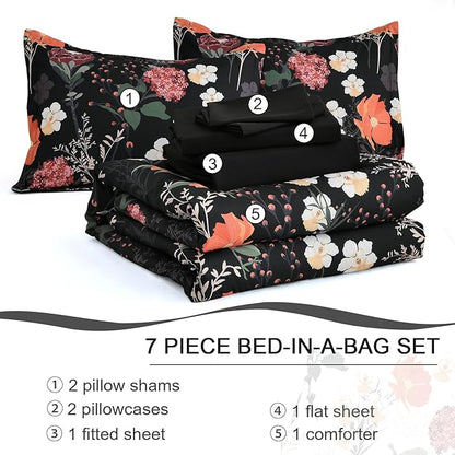 Yiran Black Red Floral Comforter Set King Size, 7 Piece Winter Comforter Bedding Set, Farmhouse Bed in a Bag, Soft Microfiber Complete Bedding Set with Sheets for All Season