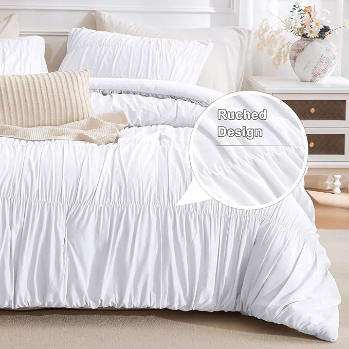 Masaca White Comforter Queen Size(90"x95"),Ruched Ruffle Lightweight Bed Set Ultra Soft Fluffy Textured Shabby Boho Chic Bedding 3-Piece (1 White Comforter+2 Pillow Shams)