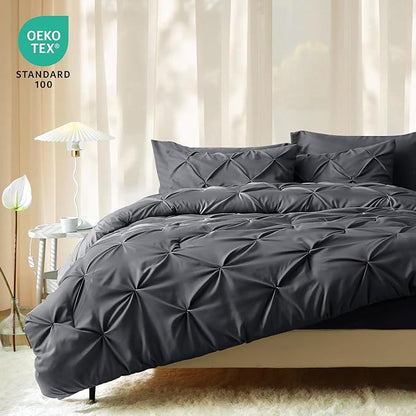 JOLLYVOGUE Queen Comforter Set 7 Pieces - Bed in a Bag Queen for All Season, Pintuck Bedding Comforter Sets with Comforter, Flat Sheet, Fitted Sheet and Pillowcases & Shams, Dark Grey